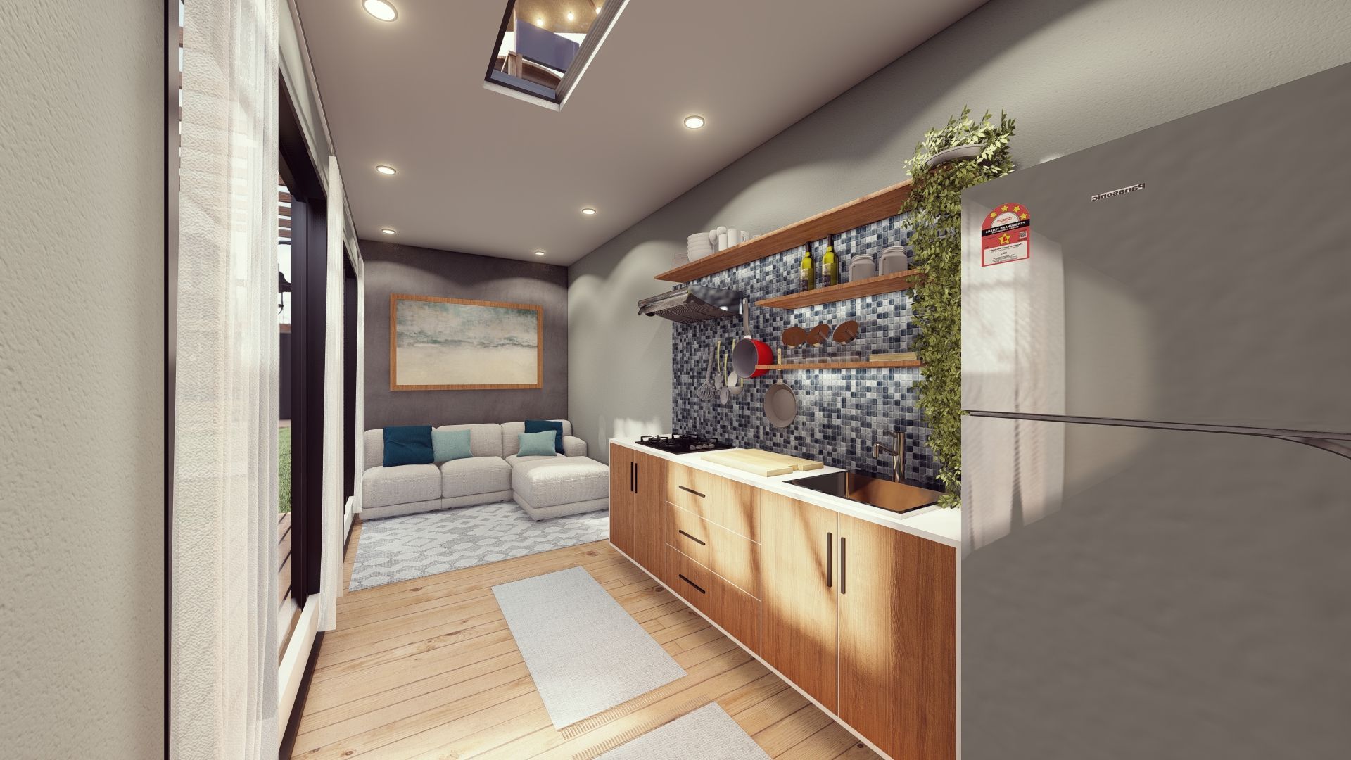 An artist 's impression of a kitchen with a refrigerator and a living room.