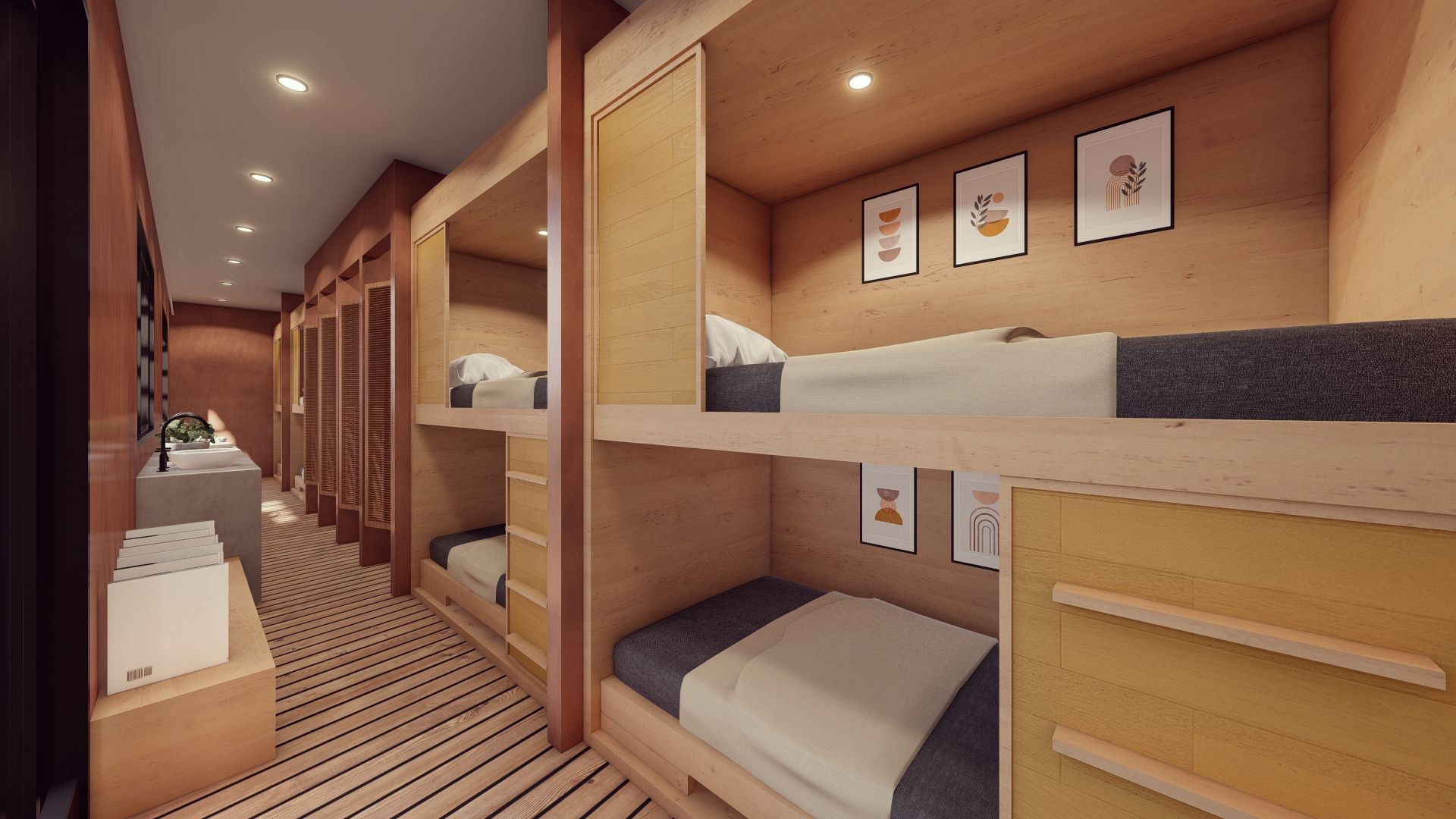 A room with bunk beds and a sink in it