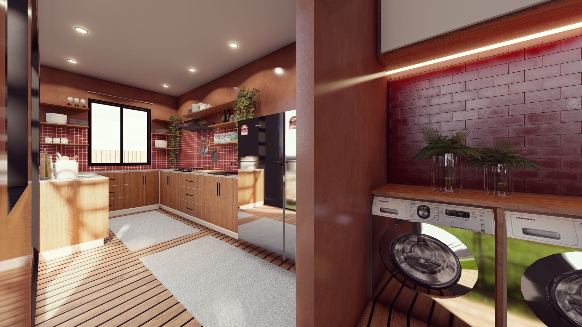 A kitchen with a washing machine and a dishwasher.