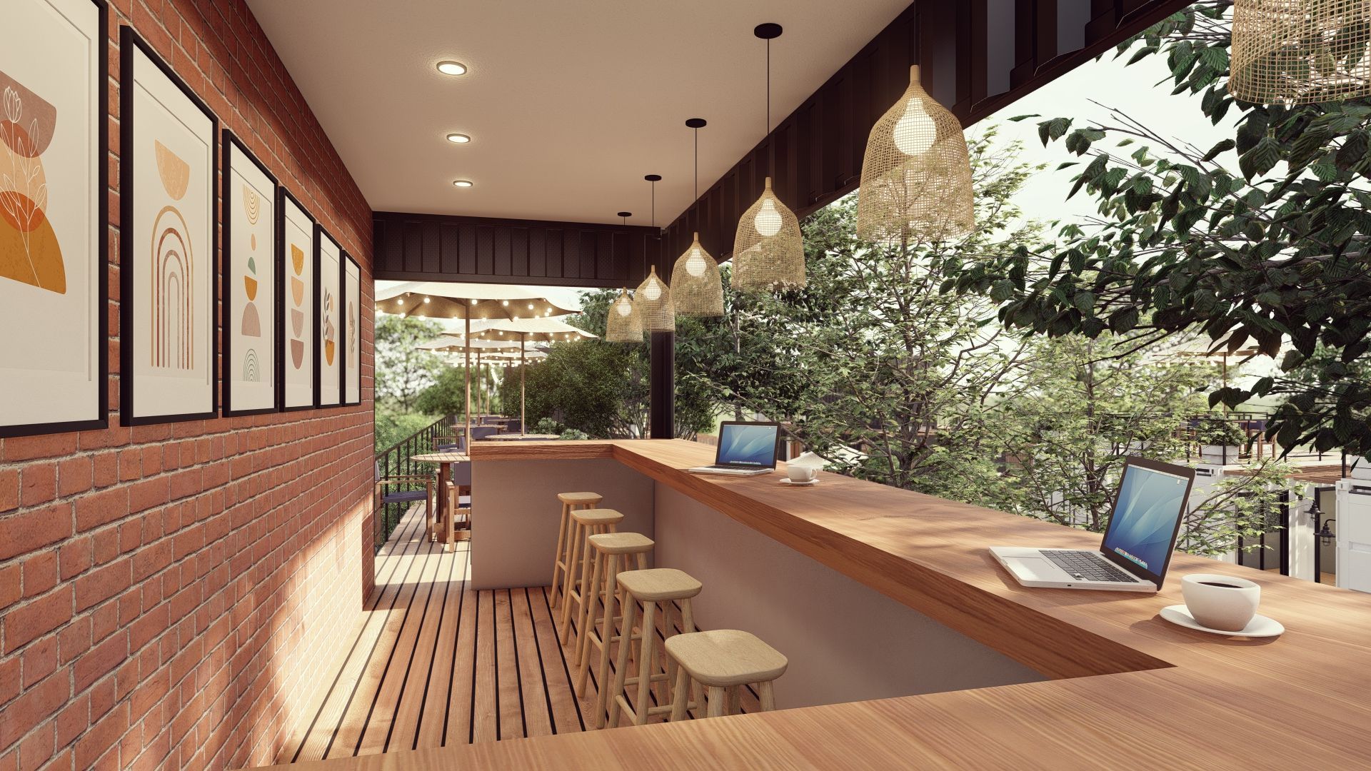 A laptop is sitting on a wooden table in a room with a brick wall.