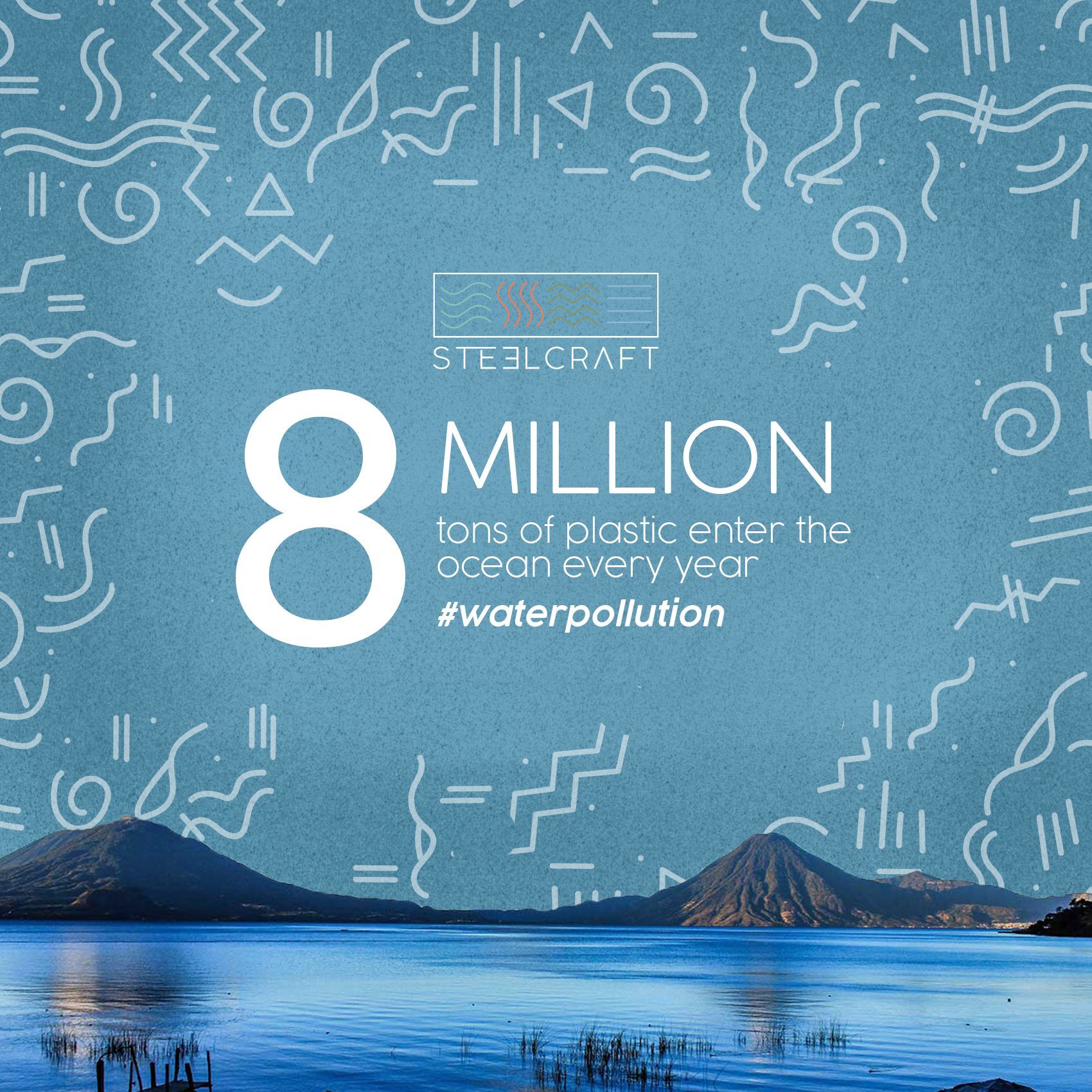 A poster that says 8 million tons of plastic enter the ocean every year