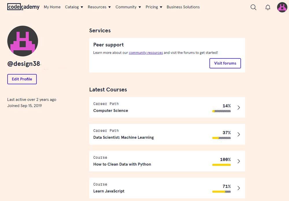 CodeCademy review dashboard that shows my progress