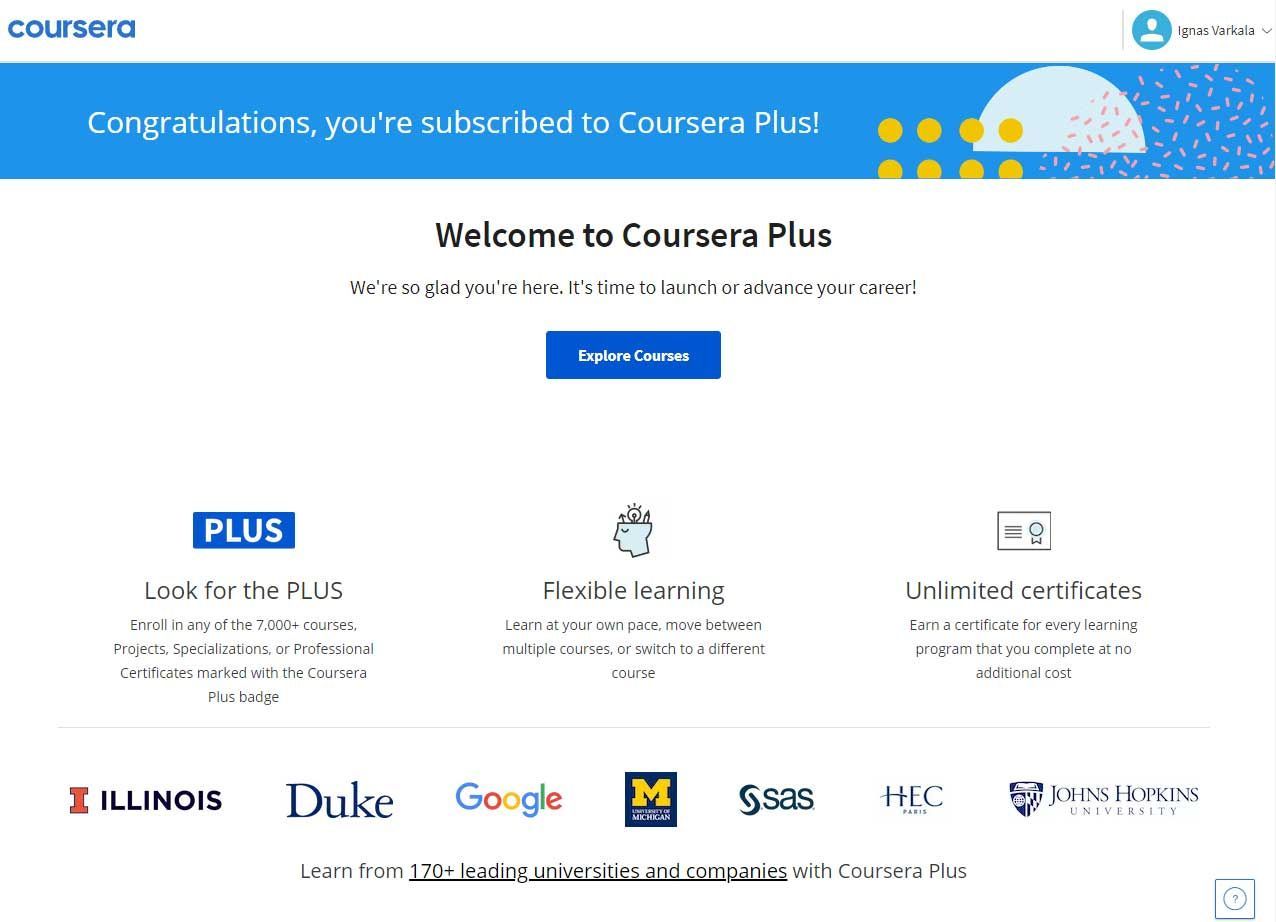 message that was shown after I signed up for Coursera Plus subscription