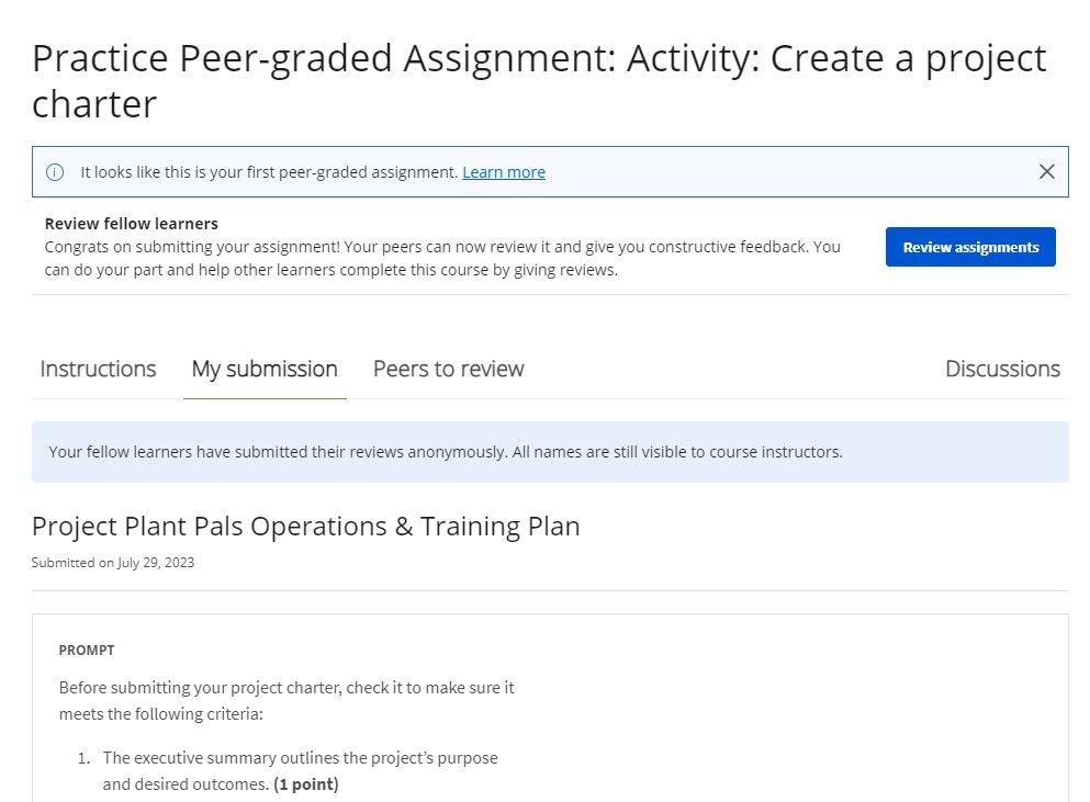 google project management peer graded assignment