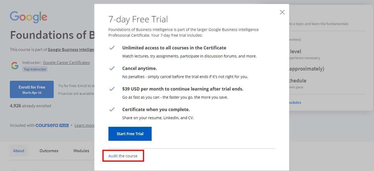coursera audit option to take a course for free