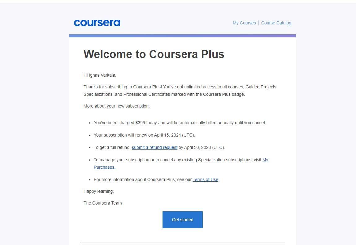 Coursera Plus subscription confirmation email