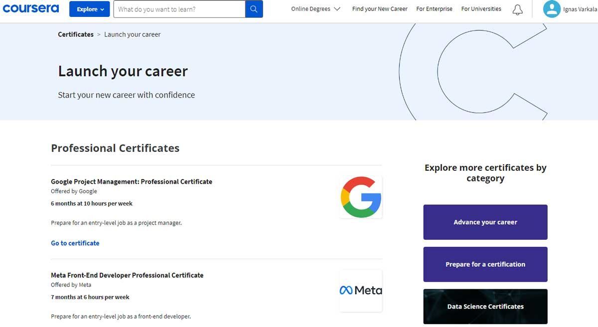 coursera professional certifications