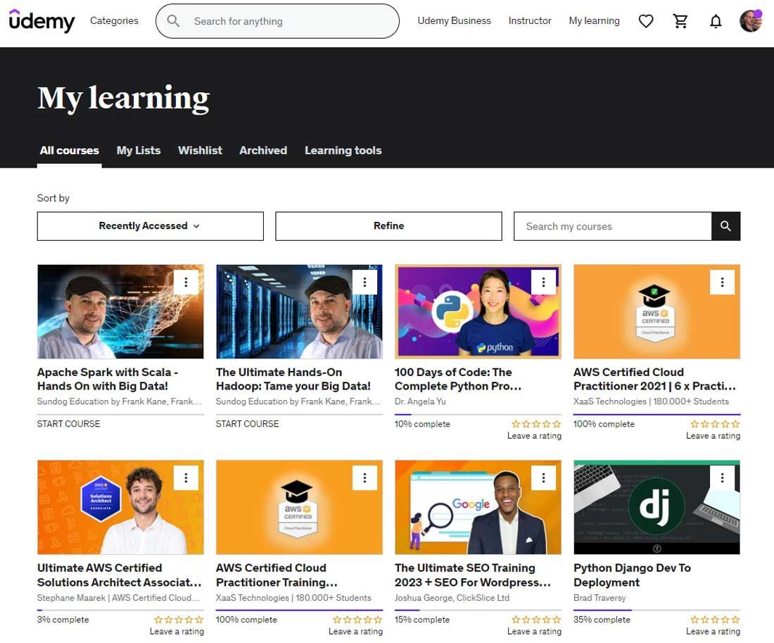 udemy dashboard view after logging into my account