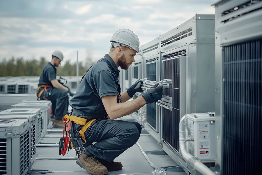 Two men are working on an air conditioner on the roof of a building.