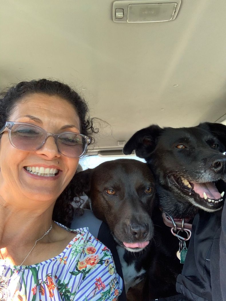 Gila is smiling in a car with two black dogs; one dog has its tongue out and the other is grinning.