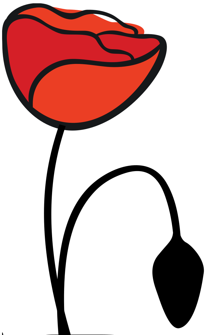 A cartoon drawing of a red poppy with a black stem.