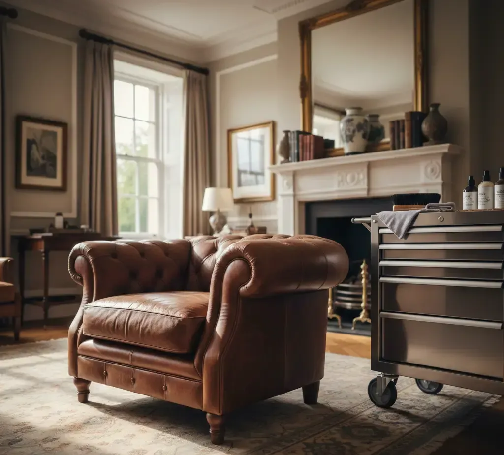 Leather armchair in a room with a fireplace and tool chest.