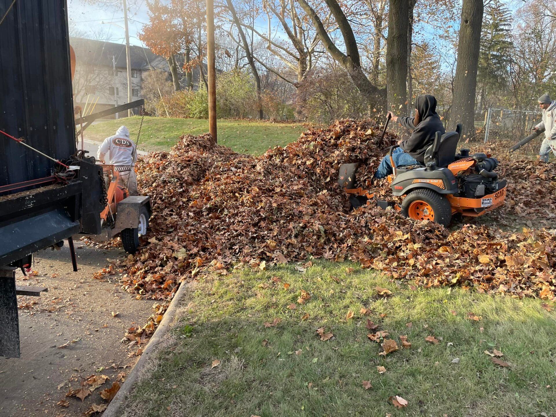 Team raking and piling leaves during fall cleanup by CD’s Lawn Care in Iowa
