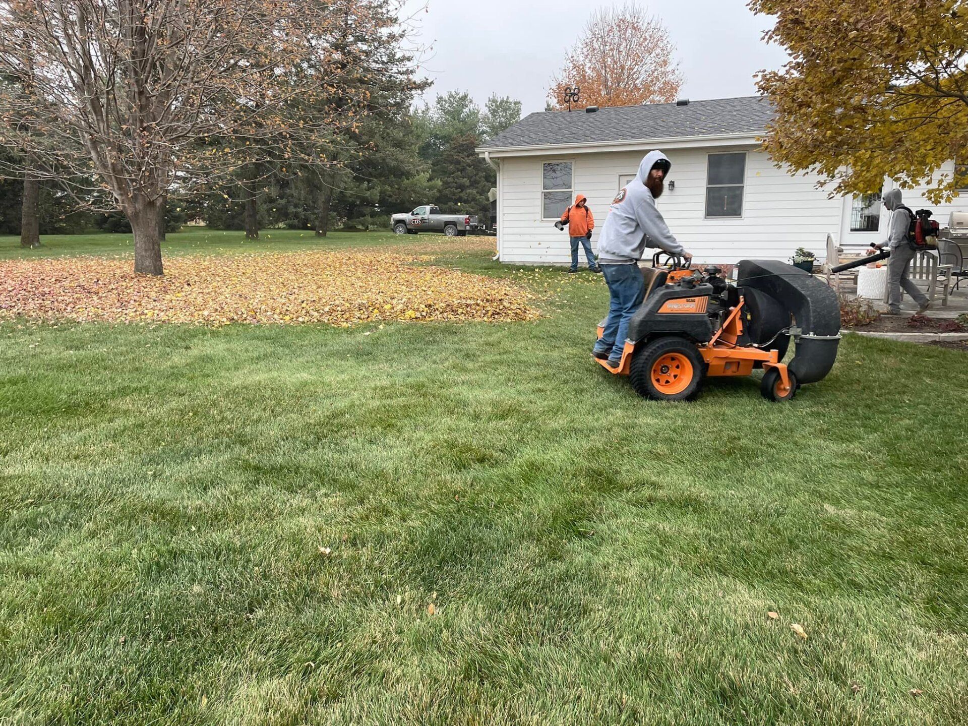 Team raking and piling leaves during fall cleanup by CD’s Lawn Care in Iowa