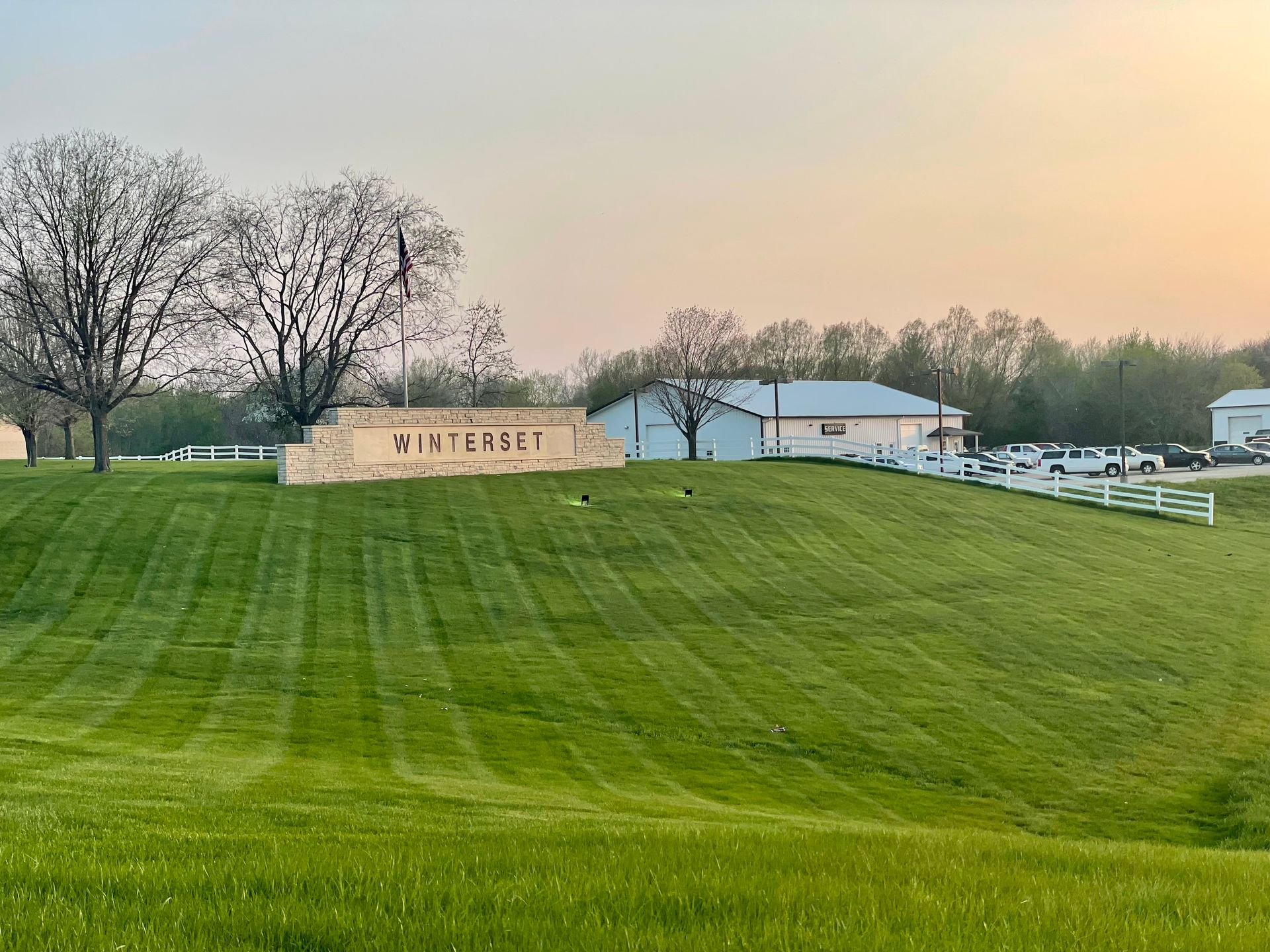 Professional mowing stripes on a commercial lawn maintained by CD’s Lawn Care