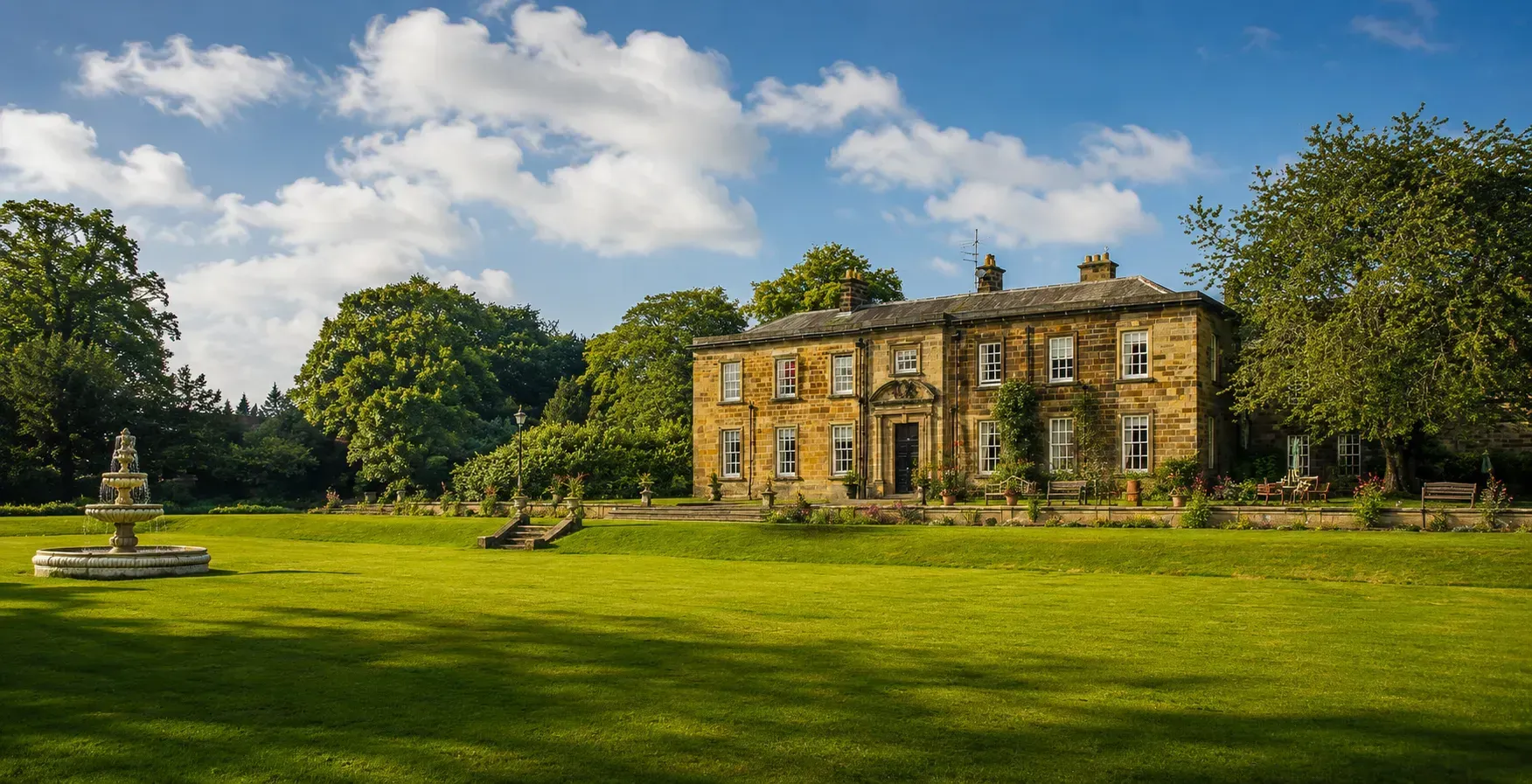 Nunthorpe Hall and its landscaped gardens on a sunny summer day.