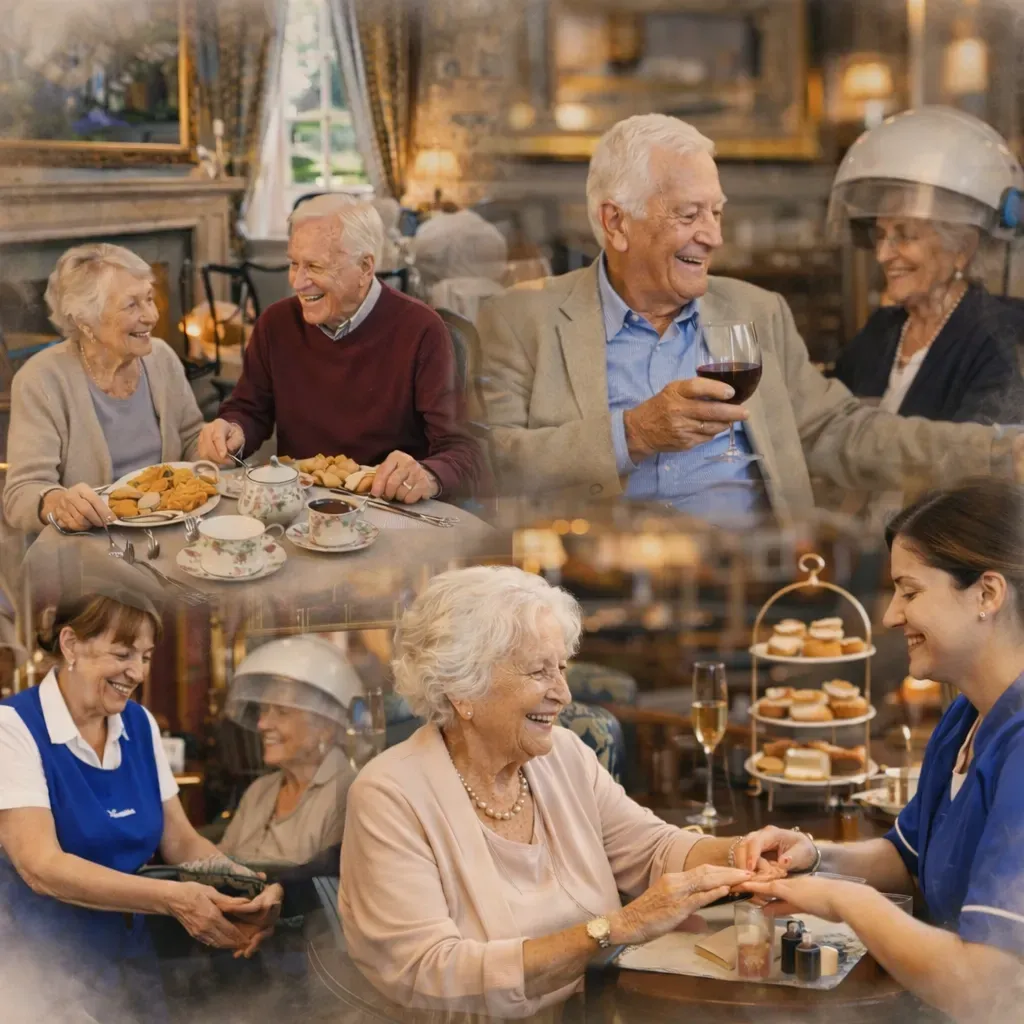 Residents enjoying dining and pampering services at Nunthorpe Hall.