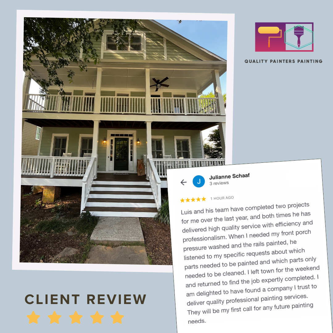 Customer review displayed alongside a beautifully painted home, highlighting satisfaction with the exterior painting services.