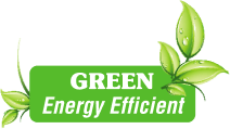 A green energy efficient logo with green leaves on a white background.
