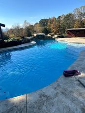 A large swimming pool is surrounded by trees on a sunny day.