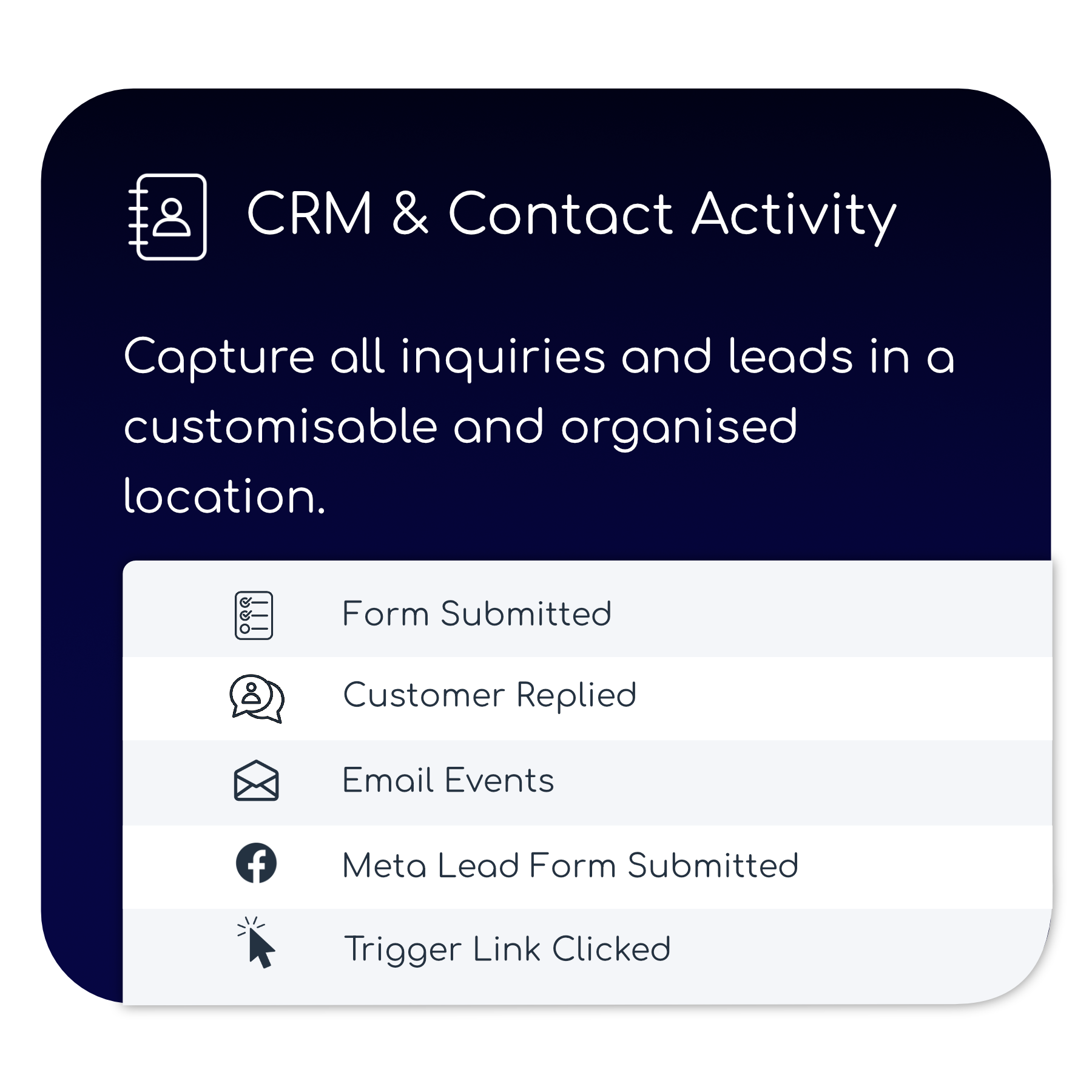 Crm and contact activity capture all inquiries and leads in a customisable and organized location. Afoofa Feature