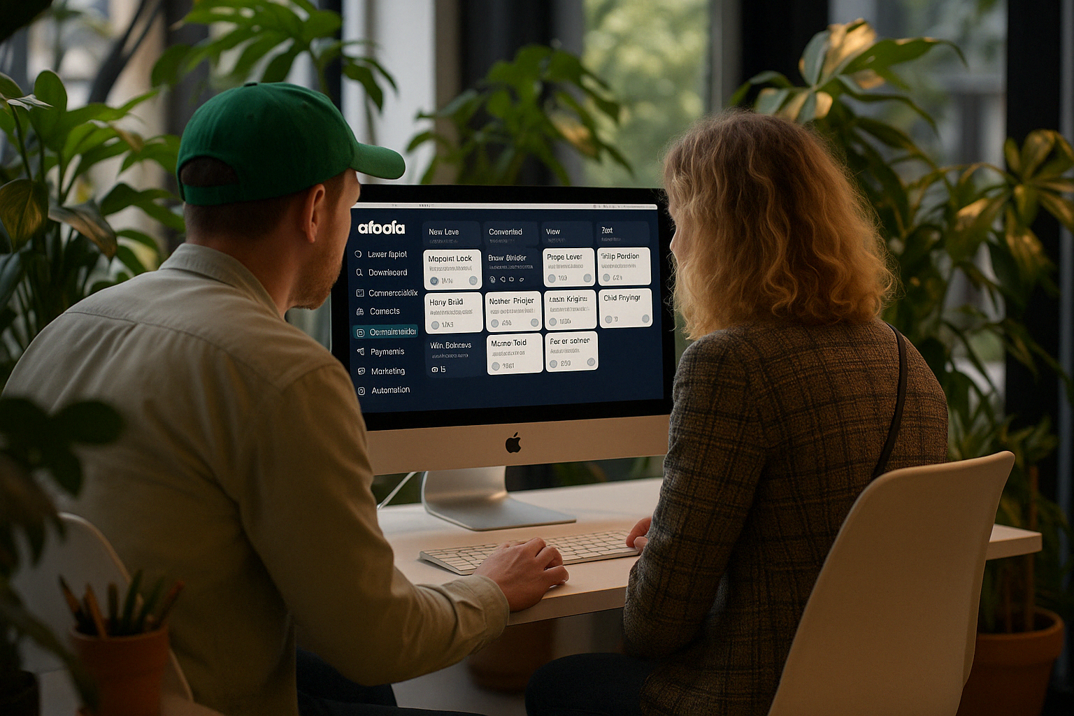 A man and a woman are looking at a computer screen. Working on Afoofa CRM