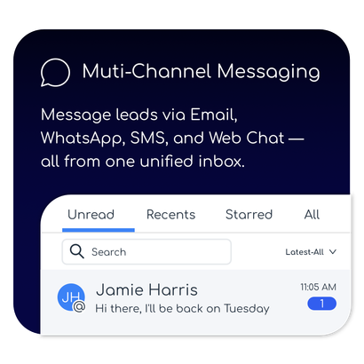 A message leads via email , whatsapp , sms , and web chat all from one unified inbox.