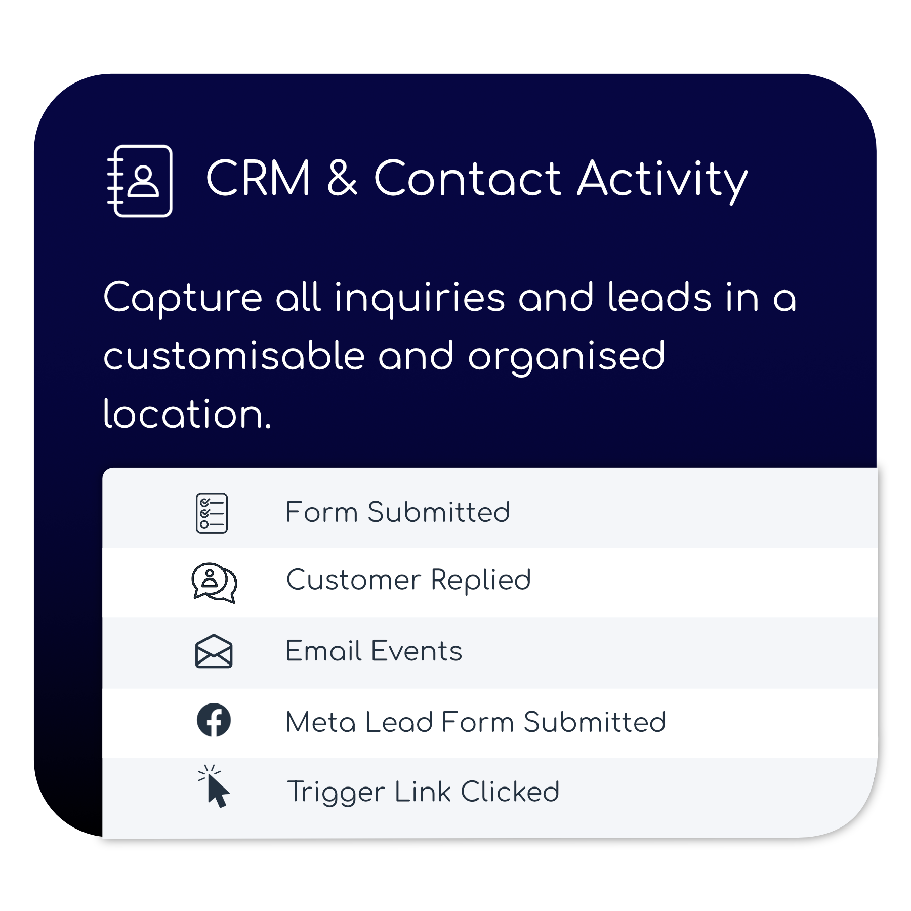 Crm and contact activity capture all inquiries and leads in a customisable and organized location.