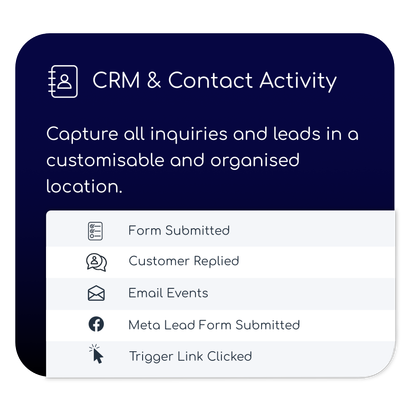 Crm and contact activity capture all inquiries and leads in a customisable and organized location.