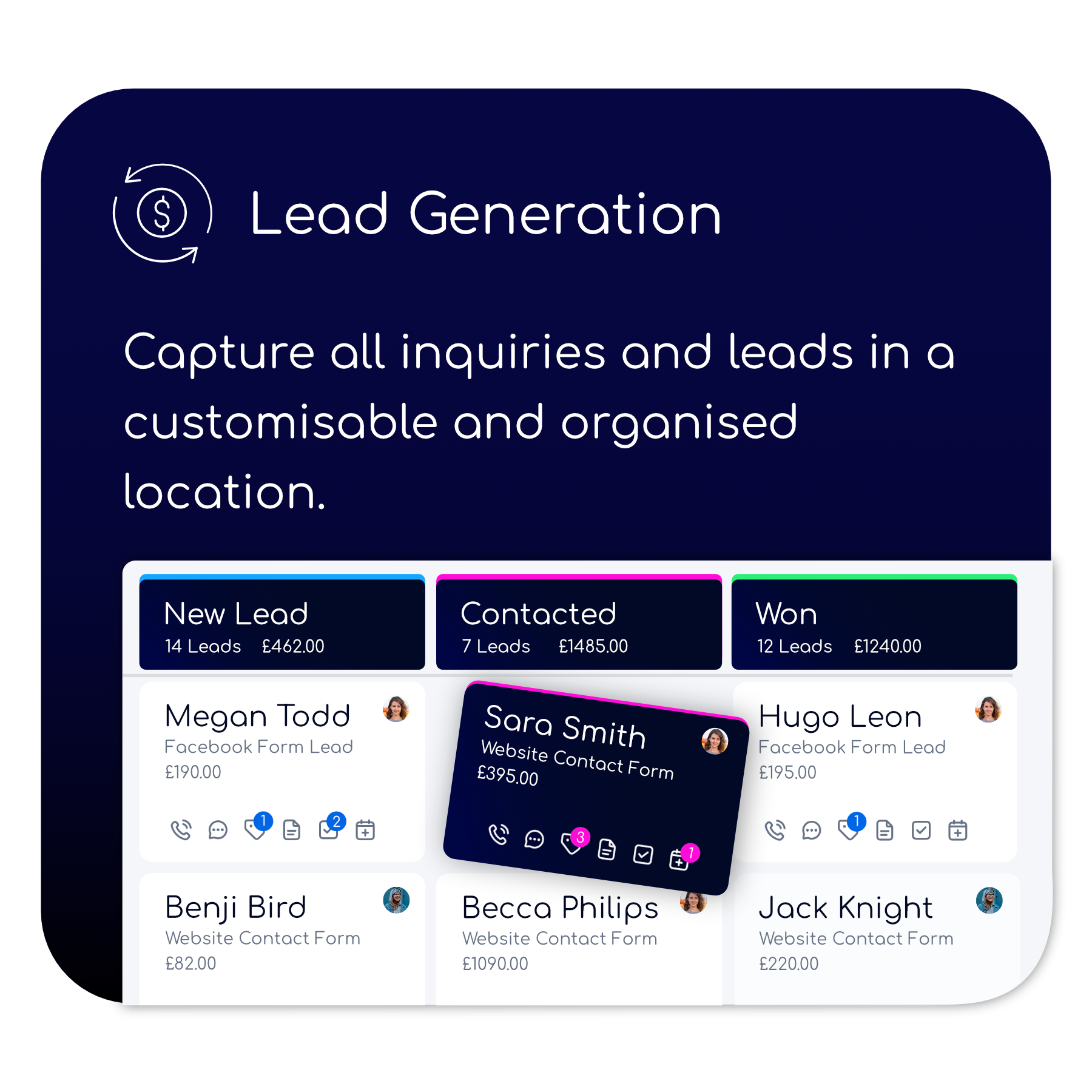 Lead generation capture all inquiries and leads in a customizable and organized location. Afoofa Feature