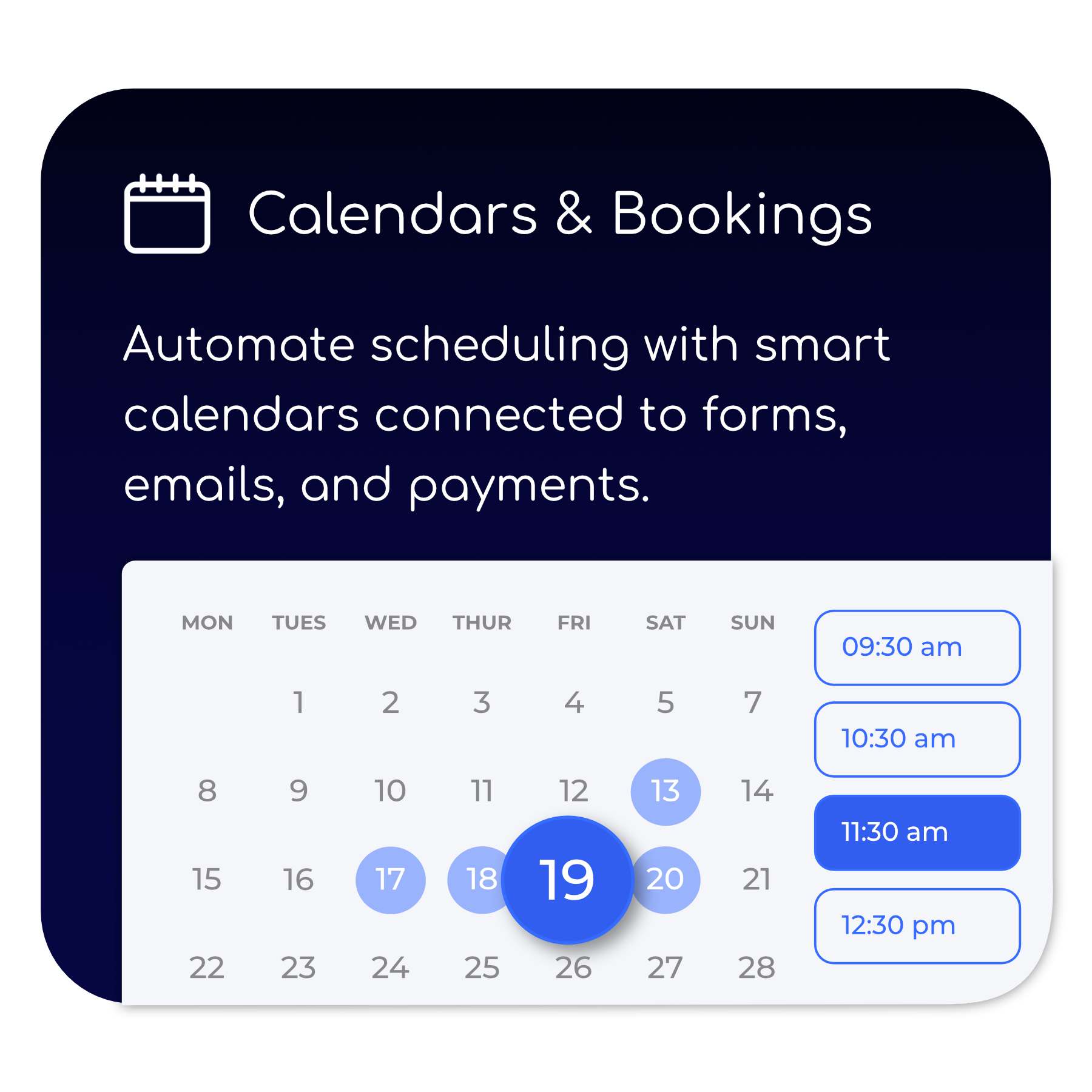 A calendar with the words `` automate scheduling with smart calendars connected to forms , emails , and payments ''