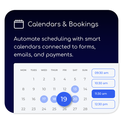 A calendar with the words `` automate scheduling with smart calendars connected to forms , emails , and payments ''