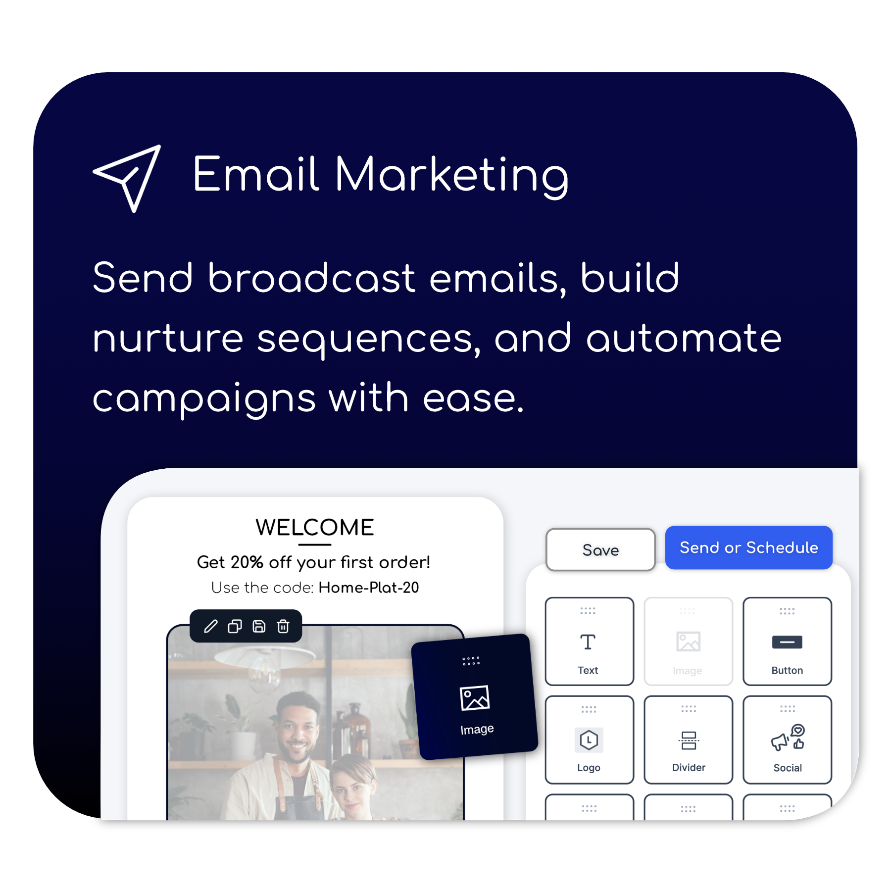 An app that allows you to send broadcast emails , build nurture sequences , and automate campaigns with ease. Afoofa Feature