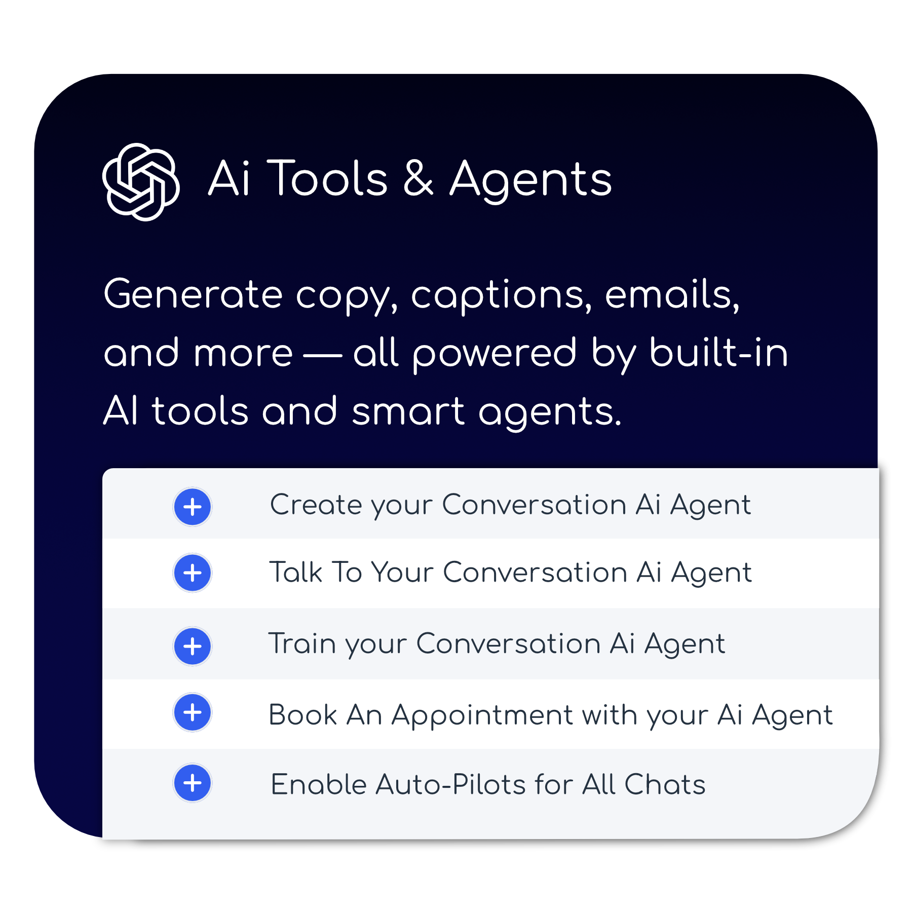 Ai tools and agents generate copy , captions , emails , and more all powered by built-in ai tools and smart agents