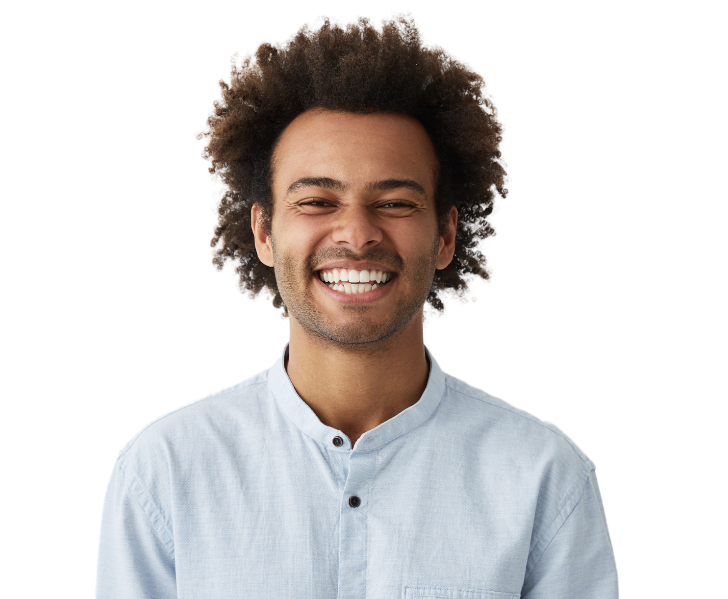A man with curly hair is smiling and wearing a blue shirt. Aoofa CRM Specialist.