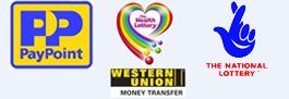 paypoint, heart lottery logo and western union logo