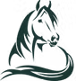 Stylized black-and-white horse head logo with flowing mane in a circular design