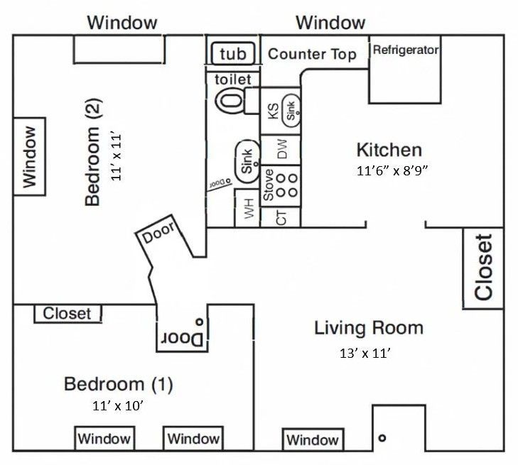 Floor plan of a two-bedroom apartment featuring a living room, kitchen, bathroom, and closets.