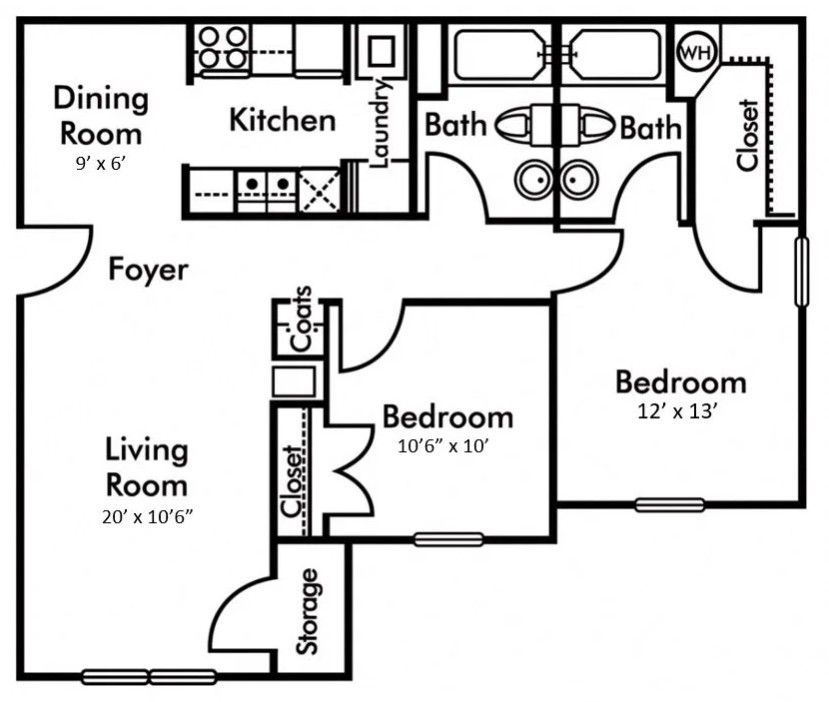Floor plan of a two-bedroom, two-bathroom apartment featuring a living room, dining room, kitchen, and laundry area.