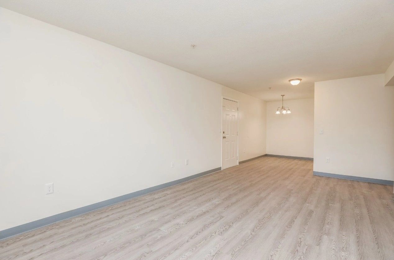 An empty room with light wood-look flooring, white walls, a white door, and a light fixture hanging in the distance.