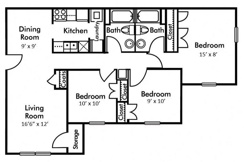 Floor plan for a three-bedroom apartment featuring a living room, dining room, kitchen, laundry area, and two bathrooms.