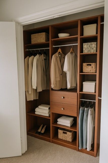 A well-organized wooden closet system featuring clothing racks, drawers, folded linens, and storage baskets.