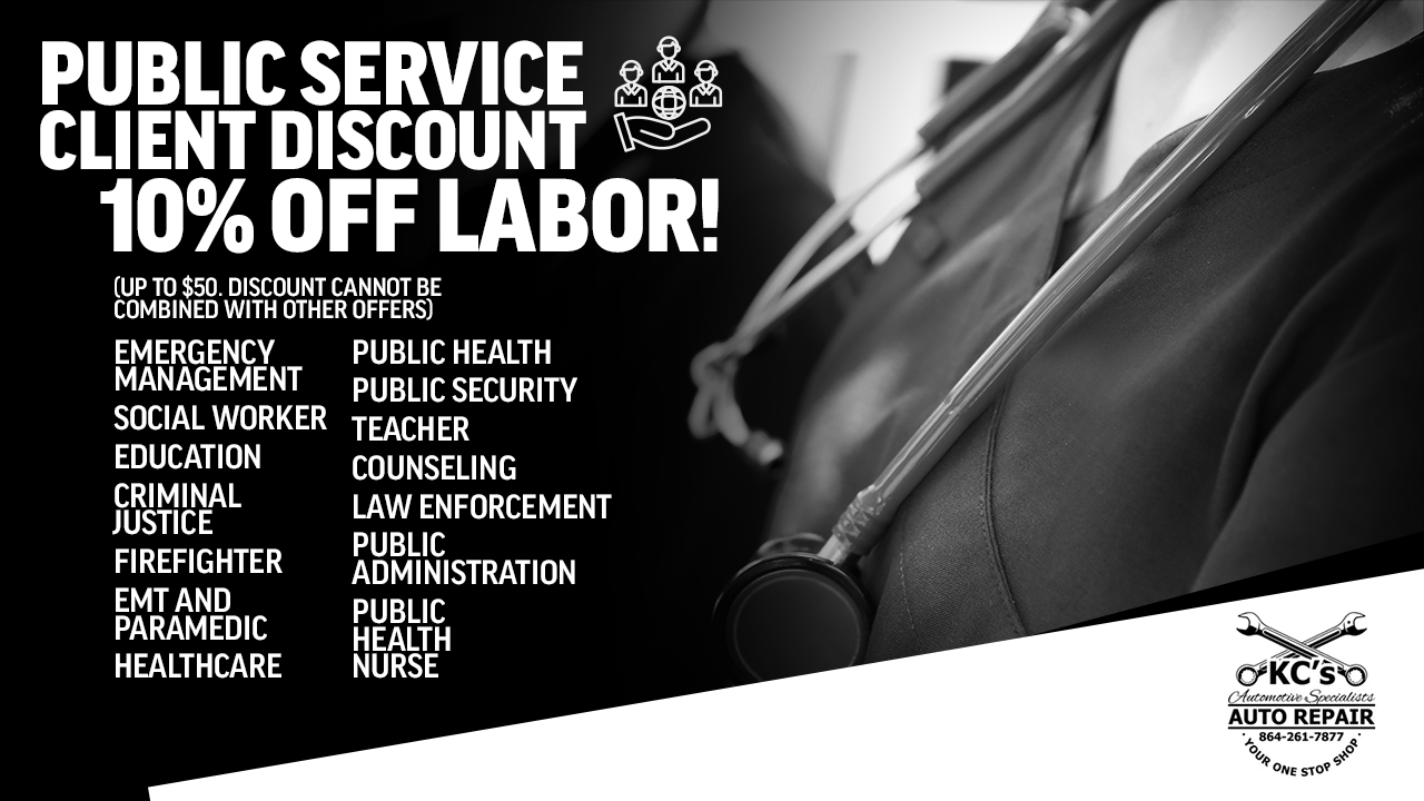 KC's Automotive Public Service Client Discount 10% Off Labor