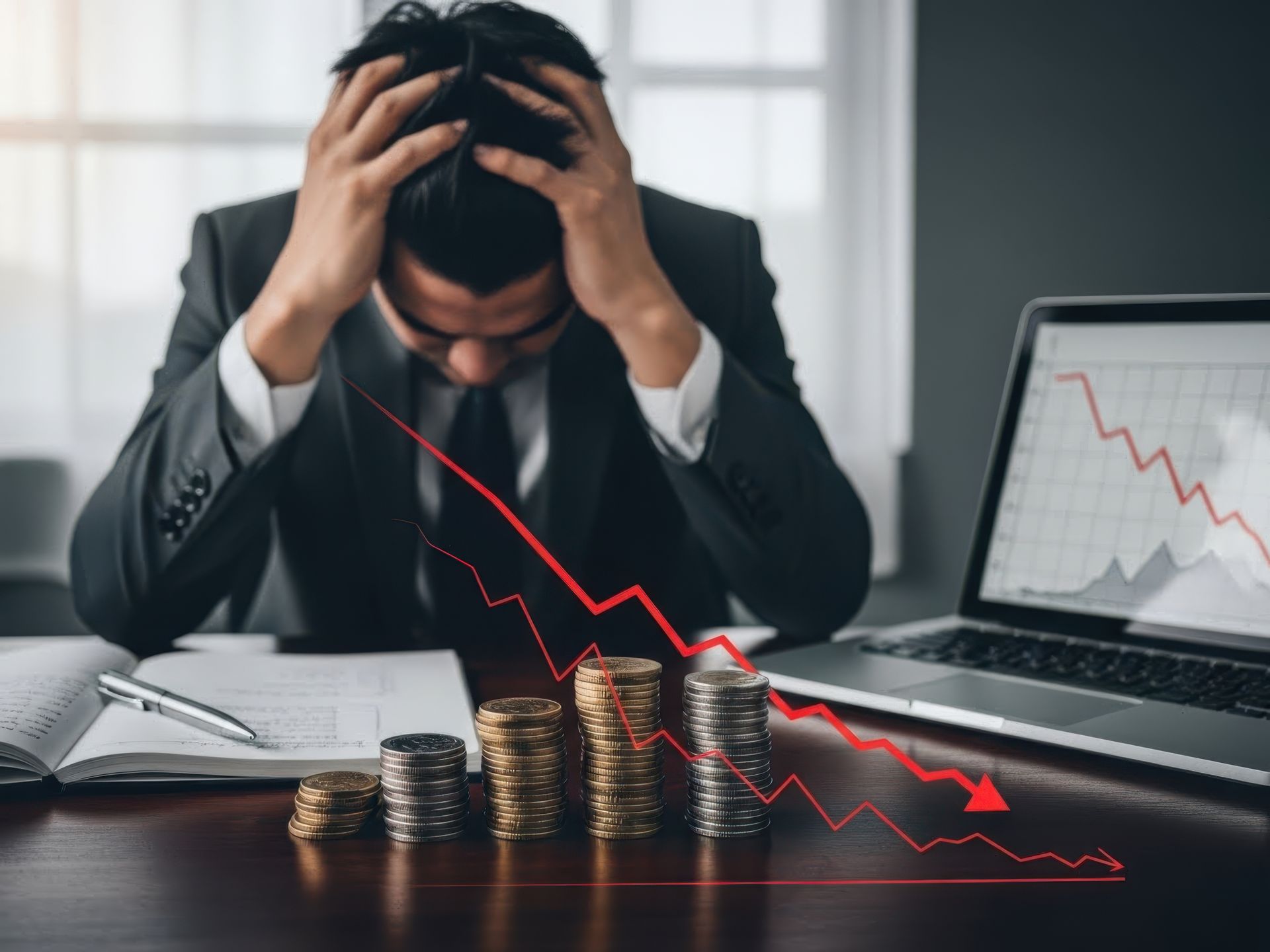 Man in suit with head in hands, slumped over desk with a laptop, decreasing financial graph and stack of coins.