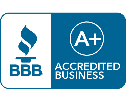 A blue and white logo for bbb accredited business