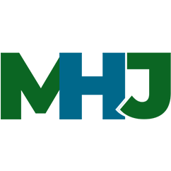 The mhj logo is green and blue on a white background.