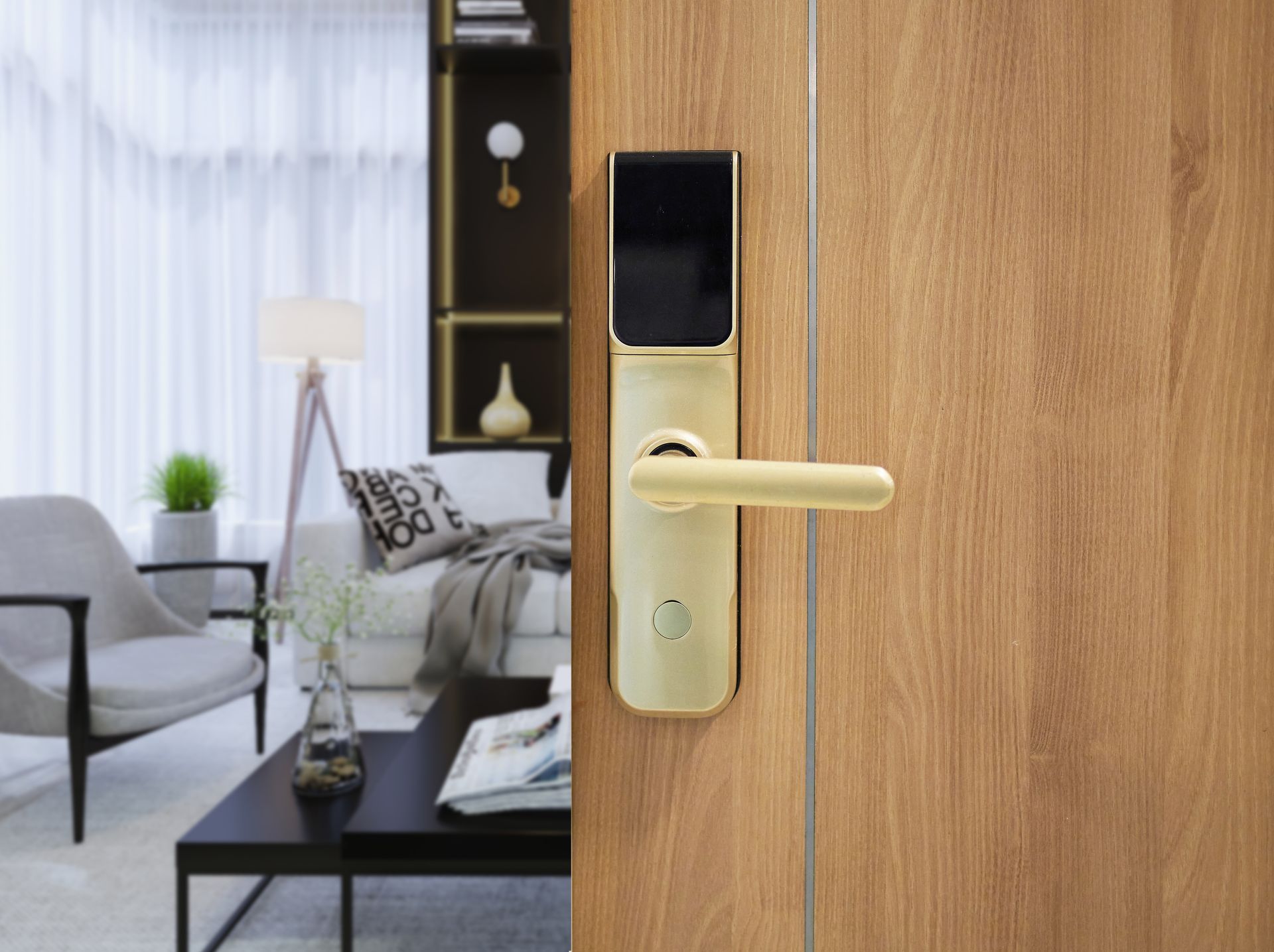 Gold Smart Lock on a Wooden Door — Yamba Locksmiths in Clarence Valley, NSW