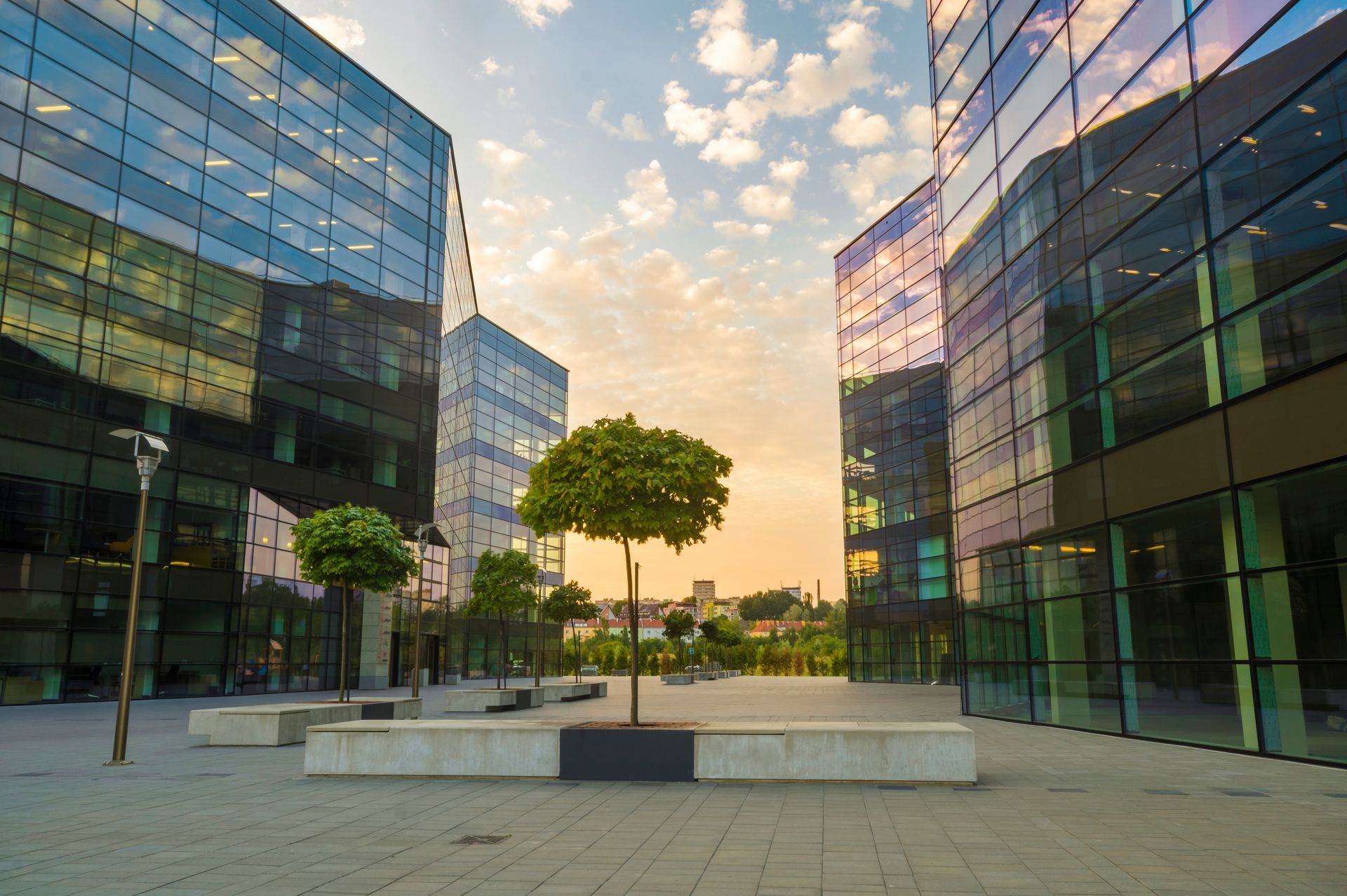 A row of tall buildings with trees in front of them.