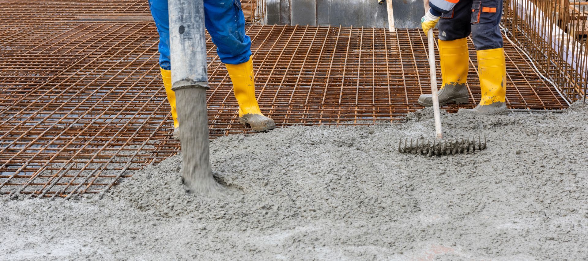 A group of construction workers are pouring concrete on a construction site.