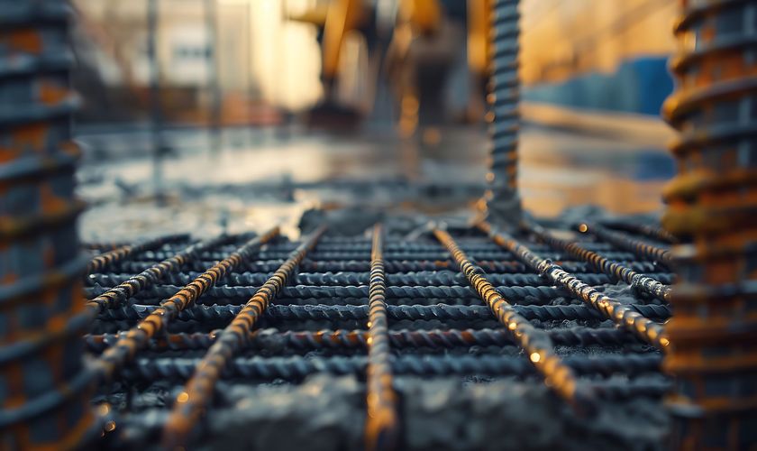 A close up of a metal grid on a construction site.